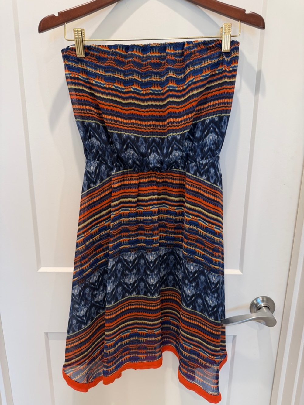 Maeve Strapless Asymmetrical Dress in Navy and Orange